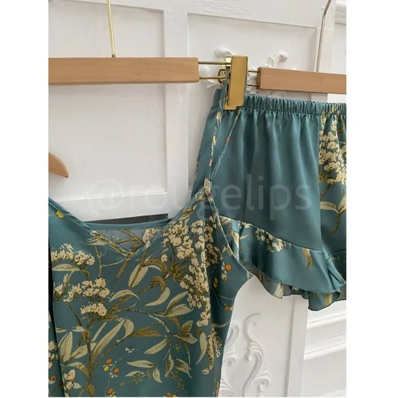 Dusty Teal Satin Pajama Lingerie Set of 5 Pieces - Picture 4 of 6